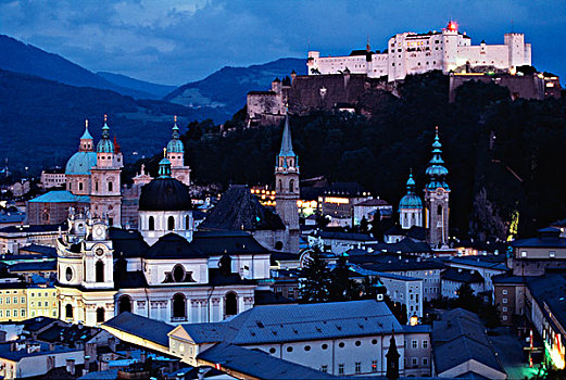 奥地利,萨尔茨堡,霍亨萨尔斯堡城堡,城堡,黄昏,大幅,尺寸