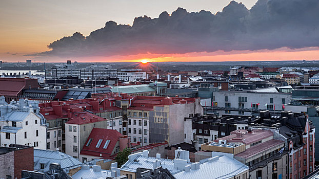 赫尔辛基,屋顶,日落,乌云