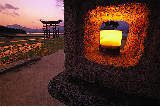灯笼,靠近,鸟居,日落,宫岛,日本