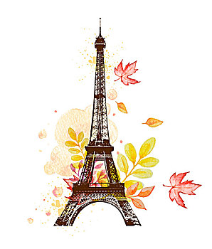 浪漫,背景,秋天,水彩,叶子,埃菲尔铁塔