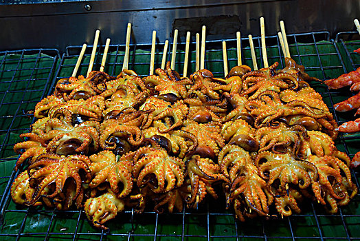 烤制食品,鱿鱼,扦子,周末,市场,普吉岛,泰国,亚洲
