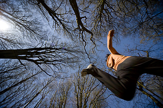 女人,跳跃,半空,树,蓝天