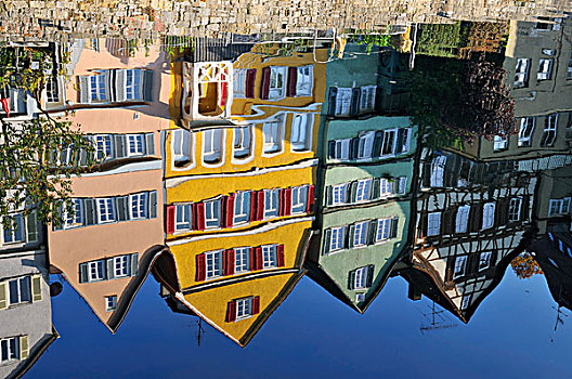 彩色,房子,老,城镇,内卡河,水边,反射,河,巴登符腾堡,德国,欧洲