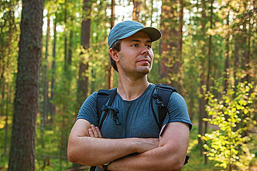 男青年,游客,帽,t恤,头像,树林,背景