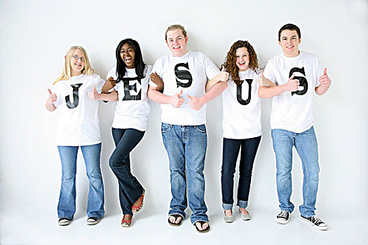 五个,青少年,t恤,拼写,耶稣
