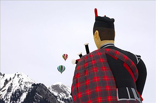 热气球,后视图,特别,形态,飞,气球,两个,圆,上方,雪山,节日,城堡,瑞士,欧洲