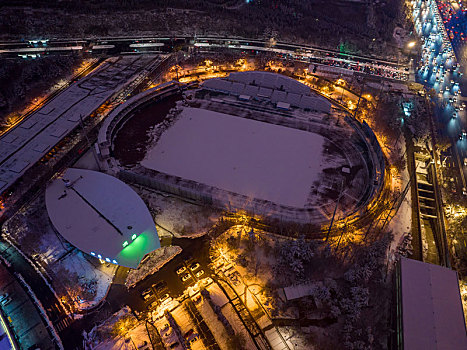 航拍雪后济南东部新城夜景