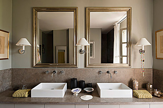 现代,相似,盆,镜子,浴室,灰色