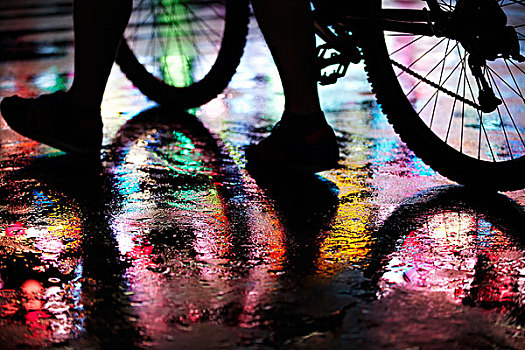 湿,城市街道,照亮,霓虹灯