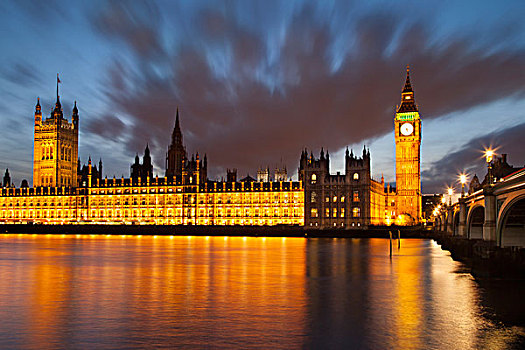 黎明,上方,泰晤士河,议会大厦,大本钟,伦敦,英格兰