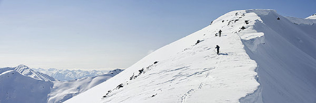 边远地区,滑雪者,滑雪板玩家,皮肤,道路,向上,山脊,阿拉斯加