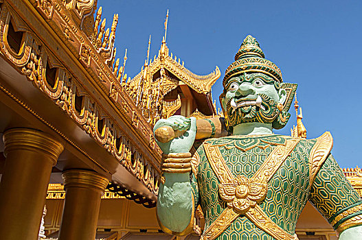 绿色,佛教,魔鬼,监护,雕塑,塔,脚,曼德勒,山,缅甸