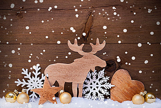 金色,圣诞装饰,雪,驼鹿,听,雪花