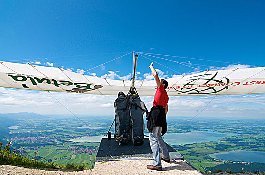 悬挂,滑翔伞,山,风景,上方,湖,巴伐利亚,德国,欧洲