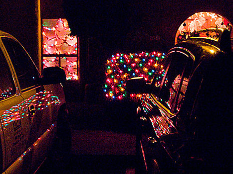 圣诞灯光,反射,停车