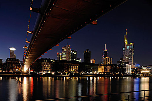 景色,桥,河,法兰克福,天际线,夜晚,黑森州,德国,欧洲