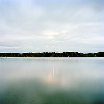 水,反射,天空,湖,树林,地平线,瑞典