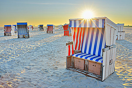 日出,上方,沙滩椅,海滩,北海,石荷州,德国