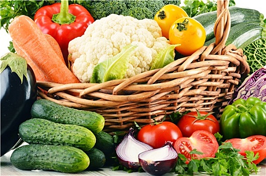 品种,新鲜,有机,蔬菜,柳条篮