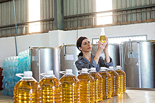 女性,技术人员,检查,橄榄油,工厂