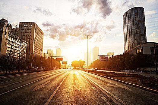 现代,城市道路,场景,日落