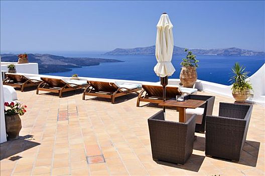 平台,小,酒店,折叠躺椅,正面,蓝色海洋,火山,岛屿,锡拉岛,基克拉迪群岛,希腊,欧洲