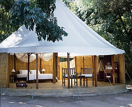 赞比亚,赞比西河下游国家公园,露营,和谐,白色,帐篷,清洁,简约,风格,柚木,家具,布