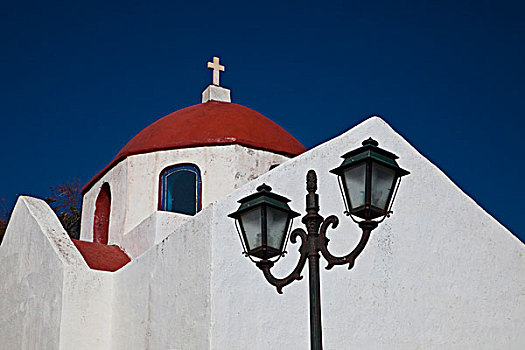 希腊,米克诺斯岛,小教堂,红色,圆顶,路灯,岛屿