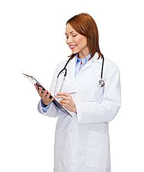 医药健康,概念,微笑,女医生,写字板,听诊器