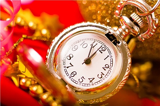 圣诞贺卡,银,旧式,手表,红色背景,金色,装饰