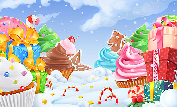 杯形蛋糕,礼盒,冬天,甜,风景,圣诞节,背景,矢量,插画