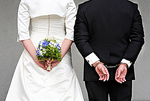 婚礼,伴侣,风景,后面,新娘,拿着,花束,穿,手拷