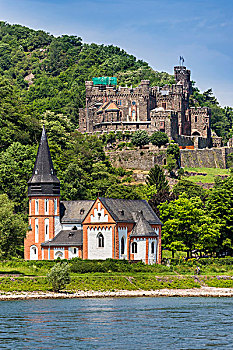 小教堂,正面,城堡,悬崖,莱茵河,泰斯汀绍森,科布伦茨,德国