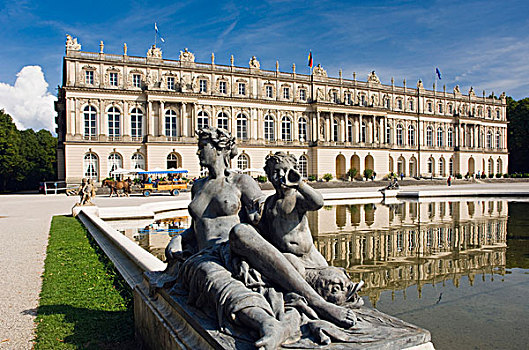 海伦基姆湖堡,宫殿,雕塑,旁侧,水塘,岛屿,且姆瑟湖,齐姆高,上巴伐利亚,德国,欧洲