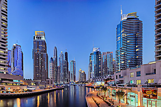 摩天大楼,迪拜,码头,光亮,黄昏,阿联酋
