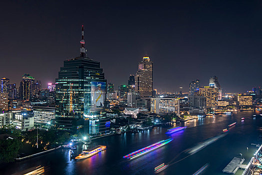 城市风光,曼谷,夜晚,风景,天际线,河,塔,泰国,亚洲
