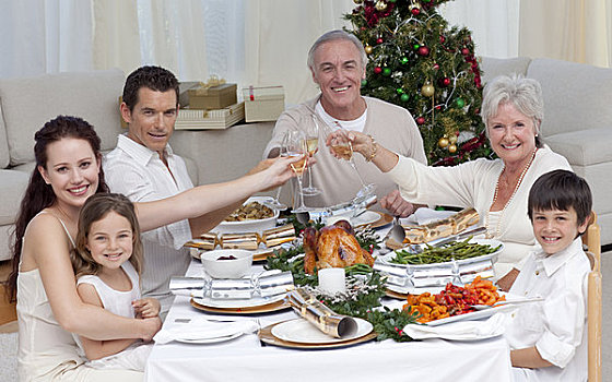 家庭,敬酒,圣诞晚餐