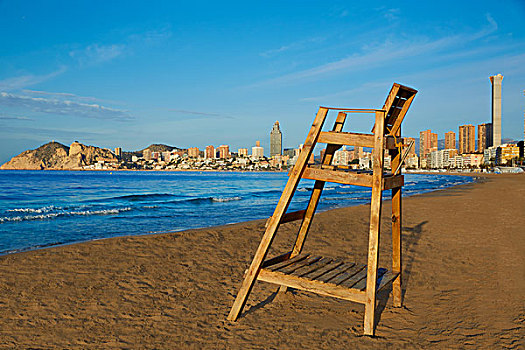 贝尼多姆,海滩,瞭望塔,座椅,阿利坎特,地中海,西班牙