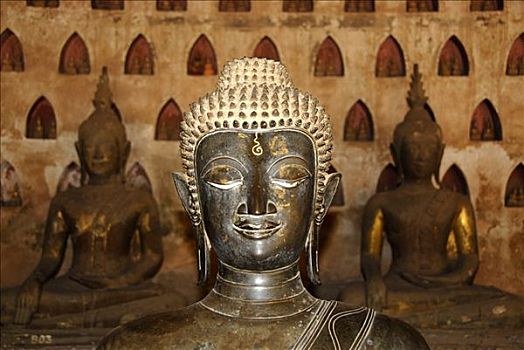 脸,老,佛像,正面,许多,雕塑,施沙格庙,寺院,万象,老挝,亚洲