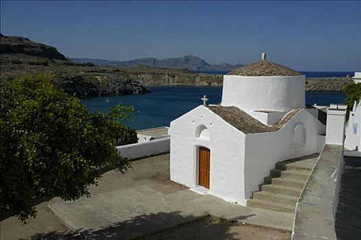 白色,涂绘,小教堂,蓝天,林都斯,罗德岛,希腊