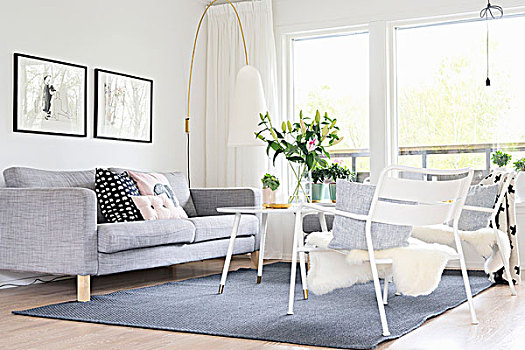 苍白,灰色,沙发,设计师,落地灯,羊皮,白色背景,花园椅,正面,窗户,休闲沙发,区域