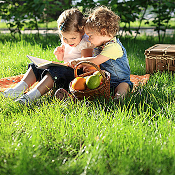 孩子,读,书本,野餐,公园
