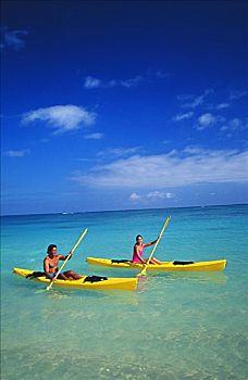 夏威夷,瓦胡岛,伴侣,涉水,黄色,皮划艇