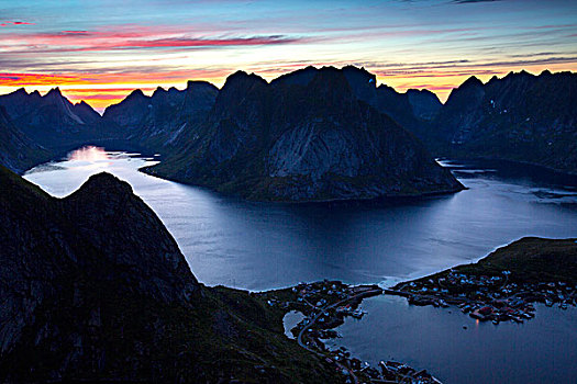 风景,子夜太阳,瑞恩,山,莫斯克内斯,罗弗敦群岛,挪威,欧洲