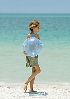 女孩,水皮球,海滩