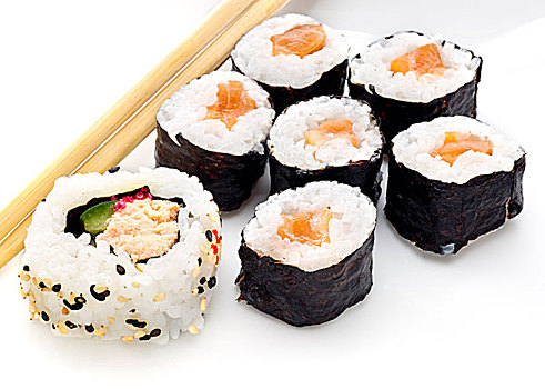 美味,寿司卷,白色背景,盘子,筷子