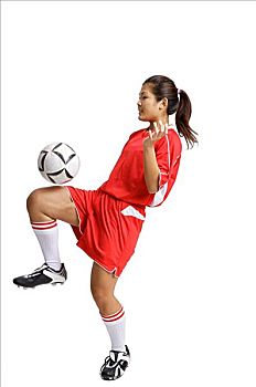 女青年,足球服,平衡性,球,膝