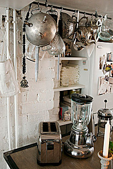 复古,铬合金,小,炊具,仰视,旧式,厨具,悬挂,杆