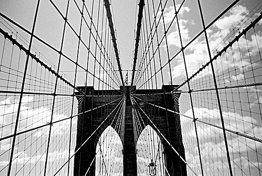 悬挂,线缆,塔,仰视,布鲁克林大桥,纽约,美国