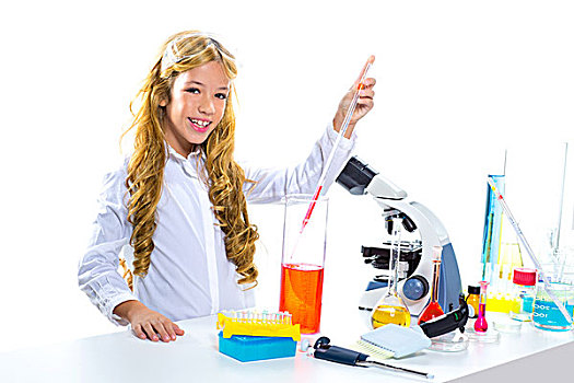 孩子,学生,女孩,儿童,化学品,实验室,学校,白色背景